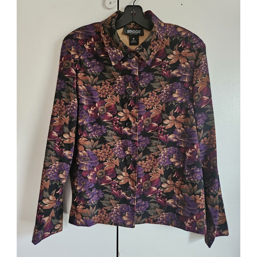 Briggs New York Floral Blazer Womens M Purple Button Front Lightweight
